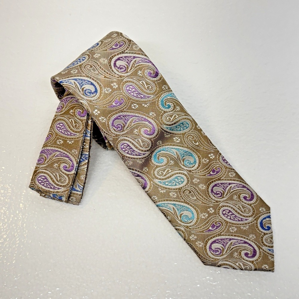 Setazone Paisley Silk Tie‎ Mens OS Tan Purple Blue Woven Hand Made Classic Dandy